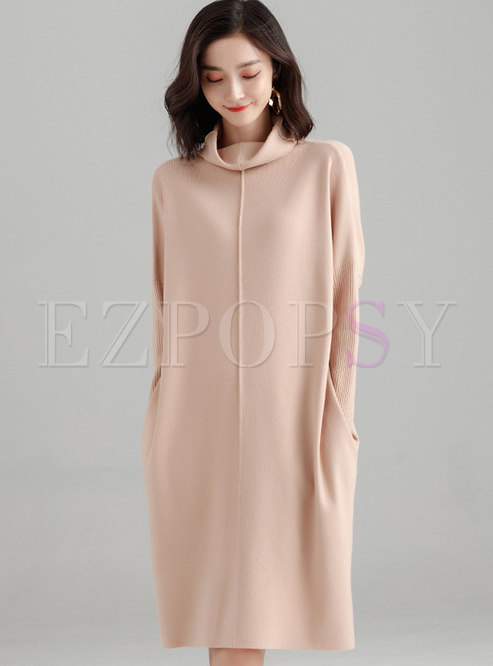 Autumn Apricot High Neck Knitted Loose Dress With Pockets