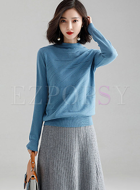 Trendy Blue Mid High Neck All-matched Knitted Sweater