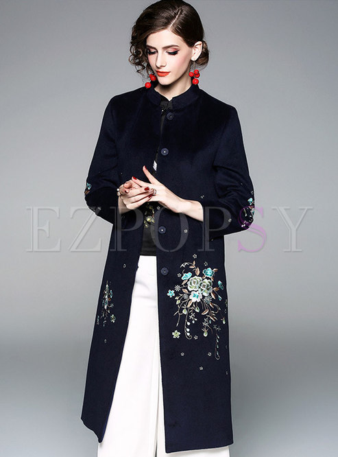 Fashion Stand Collar Embroidered Single-breasted Slim Coat