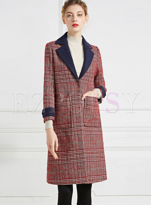 Plaid Color-blocked Lapel Woolen Overcoat