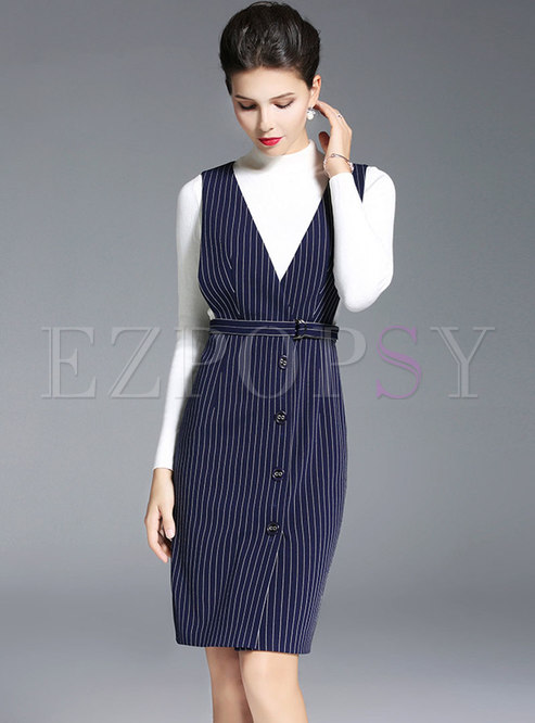 Striped V-neck Sleeveless High Waist Bodycon Dress