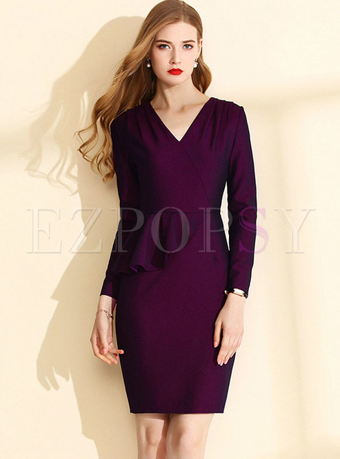 Elegant Solid Color V-neck Falbala Sheath Dress