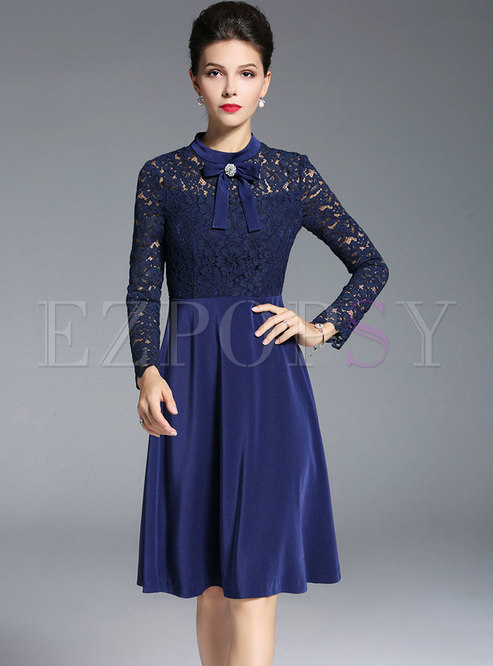 Lace Splicing Hollow Out Bowknot Slim Dress