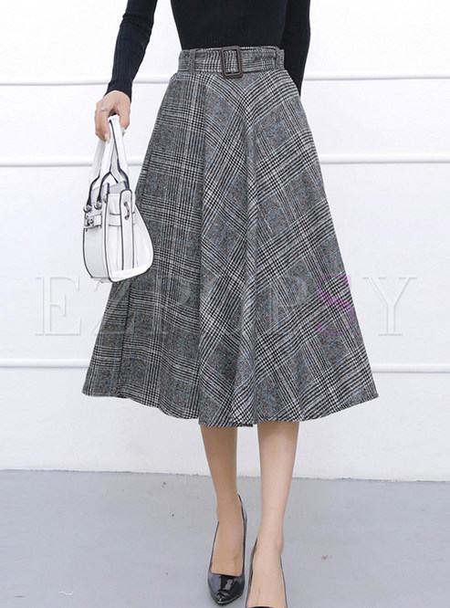 Skirts | Skirts | Brief Plaid Mid-claf Woolen Skirt With Belt