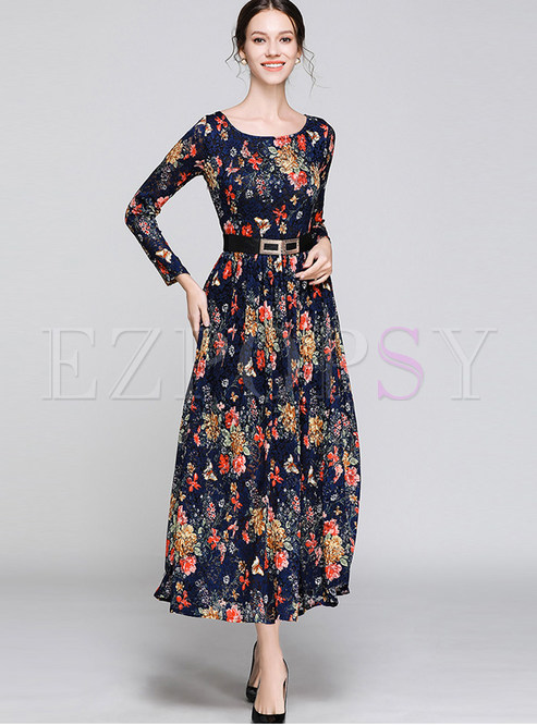 Dresses | Maxi Dresses | O-neck Waist Slim Print Ankle-length Maxi Dress