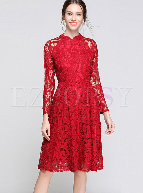 Solid Color Long Sleeve Lace Waist A Line Dress