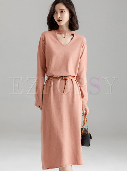 Casual Solid Color All-matched Knitted Sweater Dress
