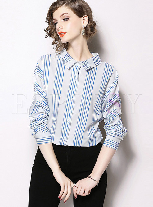 Tops | Blouses | Trendy Lapel Tied Long Sleeve Striped Blouse