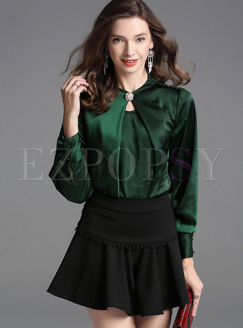 Style Hollow Out Pleated Long Sleeve Slim Blouse