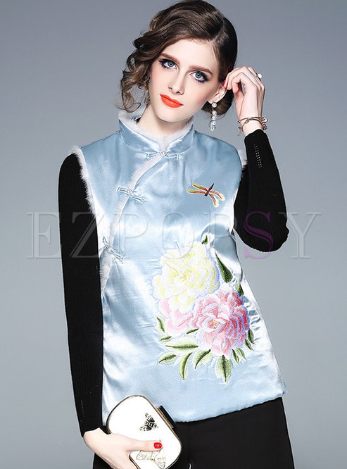 Retro Mandarin Collar Embroidered Sleeveless Thick Vest