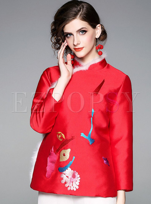 Stand Collar Embroidered Slim Thick Coat