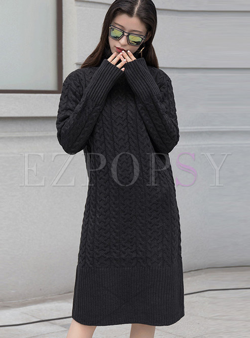 Black High Neck Loose Knee-length Knitted Dress