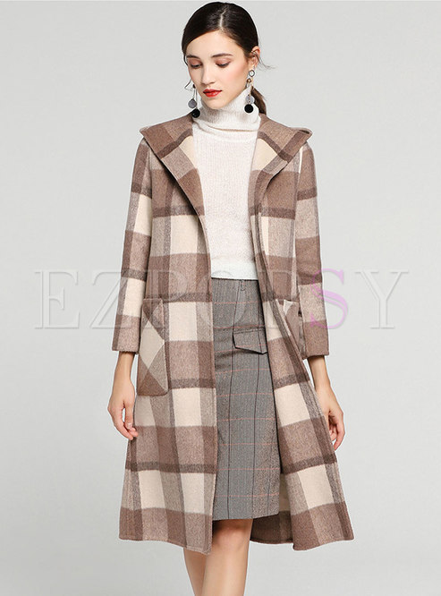 Brief Plaid Hooded Straight Woolen Coat