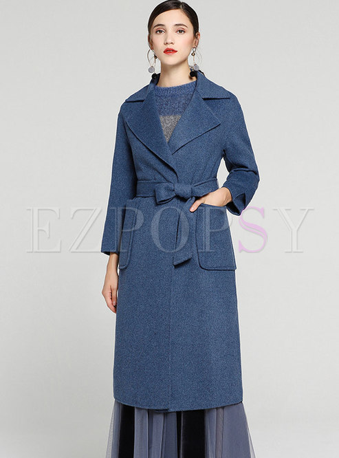 Pure Color Notched Belted Slim Woolen Coat