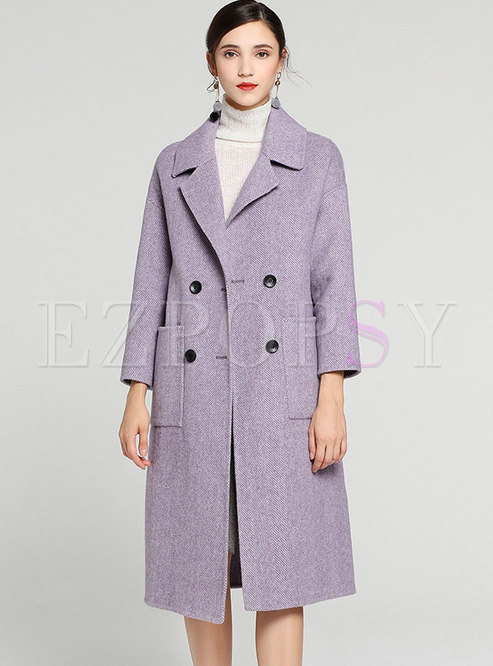 Light Purple Notched Double-breasted Slim Woolen Coat
