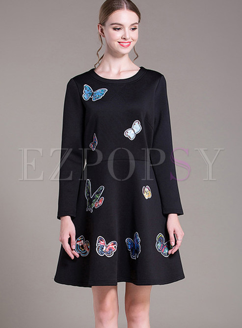 Plus Size Plush Thermal Butterfly Print Dress