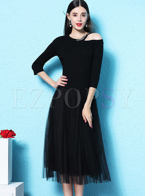 Stylish Off Shoulder Splicing Mesh Fake Two Piece Outfits