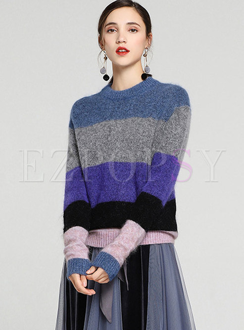Casual Color-blocked Striped O-neck Loose Sweater