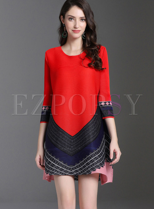 Color-blocked Plus Size Print Mini Pleated Dress