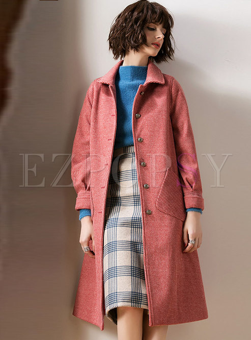 Solid Color Turn-down Collar Single-breasted Long Sleeve Coat