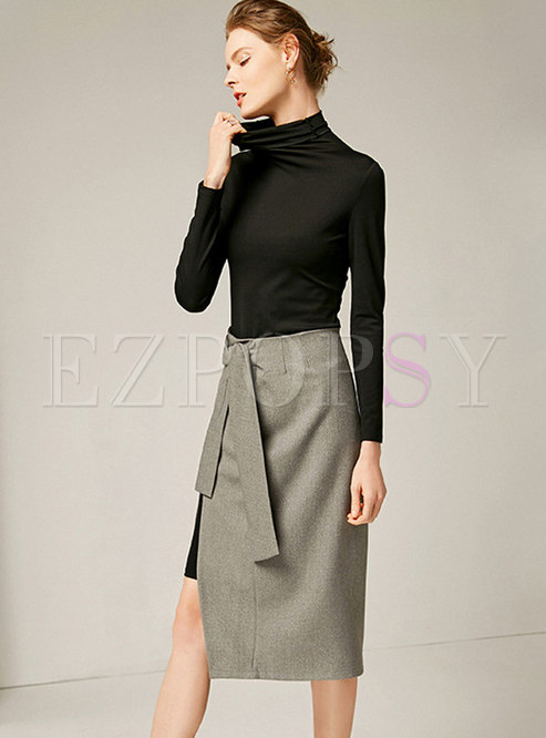 Black Turtle Neck Long Sleeve Dress & High-rise Belted Skirt