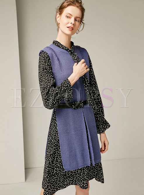 Vintage Tie-neck Bowknot Flare Sleeve Dress & Sleeveless Knitted Vest