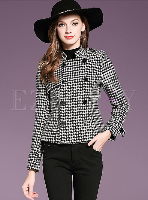 Stylish Grid Stand Collar Double-breasted Slim Coat