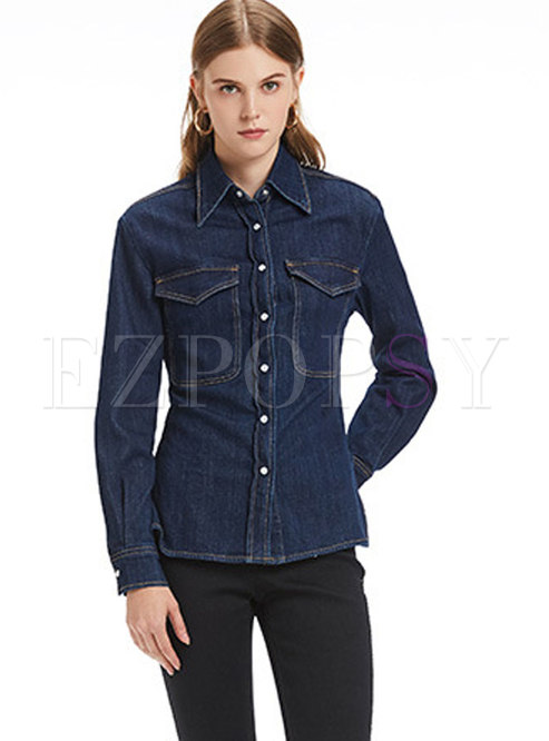 Casual Deep Blue Turn-down Collar Buttoned Blouse