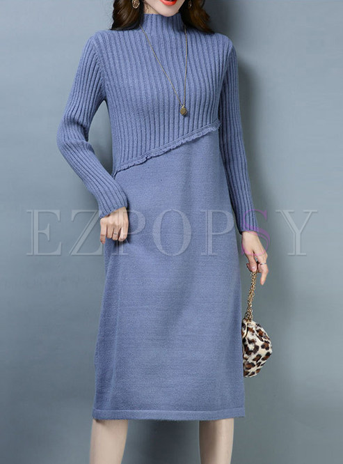 Brief Pure Color Turtle Neck Pullover Knitted Dress