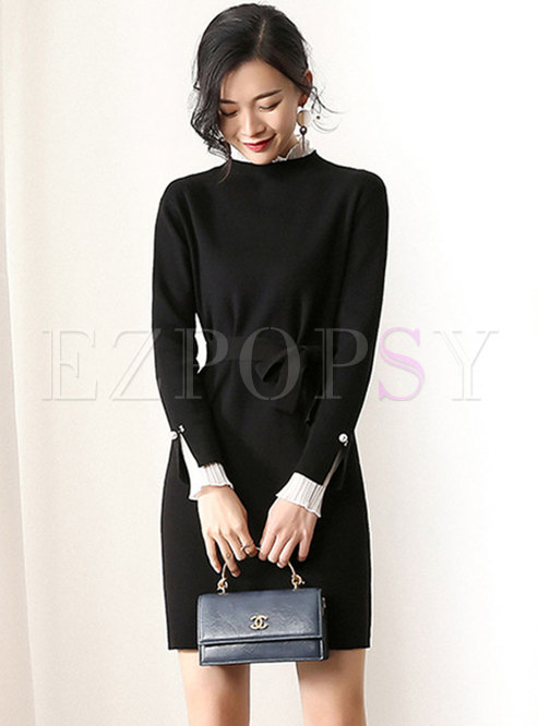 Color-blocked Stand Collar Belted Knitted Dress