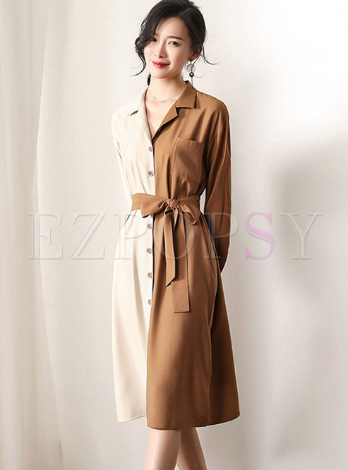 Chic Color-blocked Notched Single-breasted Tie-waist Dress