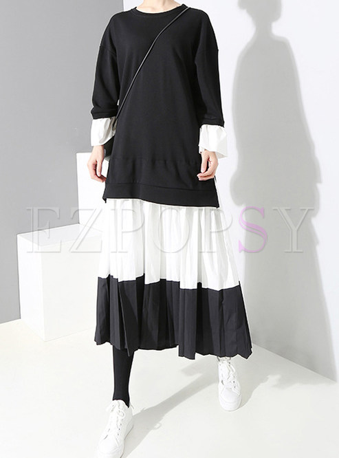 Color-blocked O-neck Long Sleeve Splicing Pleated Dress
