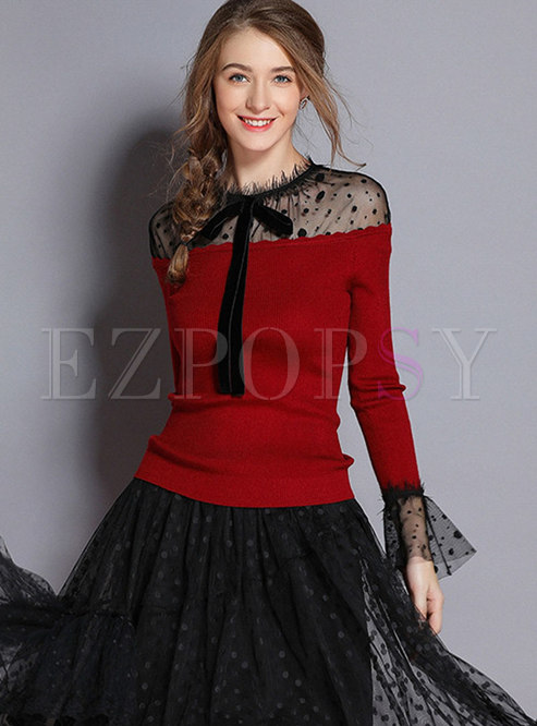 Red Stitching Mesh Bowknot Semi-sheer Knitted Top