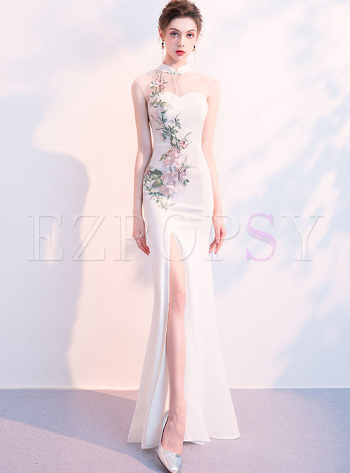 Elegant Stand Collar Embroidered Slit Mermaid Prom Dress