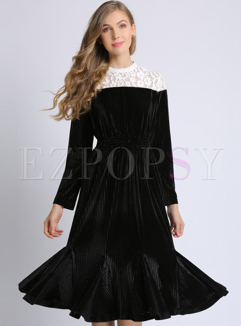 Color-blocked Lace Splicing Oversize Gathered Waist Velvet Dress