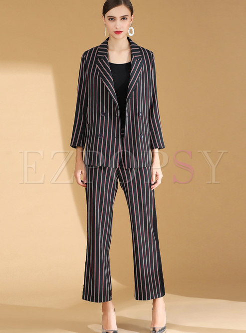 Trendy Work Striped Coat & High Waist Straight Pants