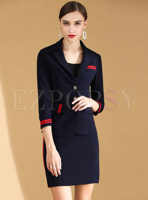 Fashion Navy Notched Blazer & Mini Wrap Sheath Skirt