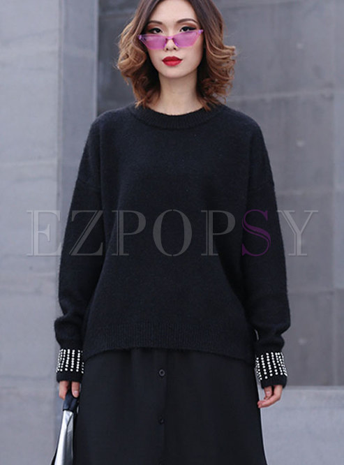 Casual Black O-neck Long Sleeve Knitted Top