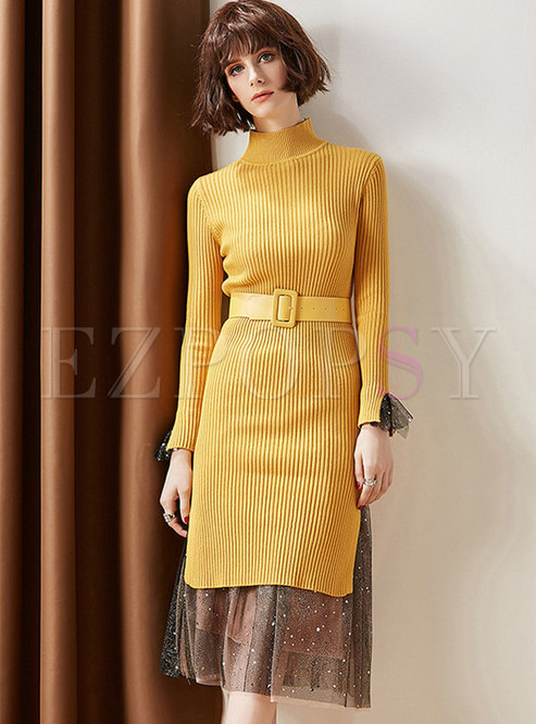 Two-piece Outfits | Two-piece Outfits | Yellow High Neck Belted Sheath ...