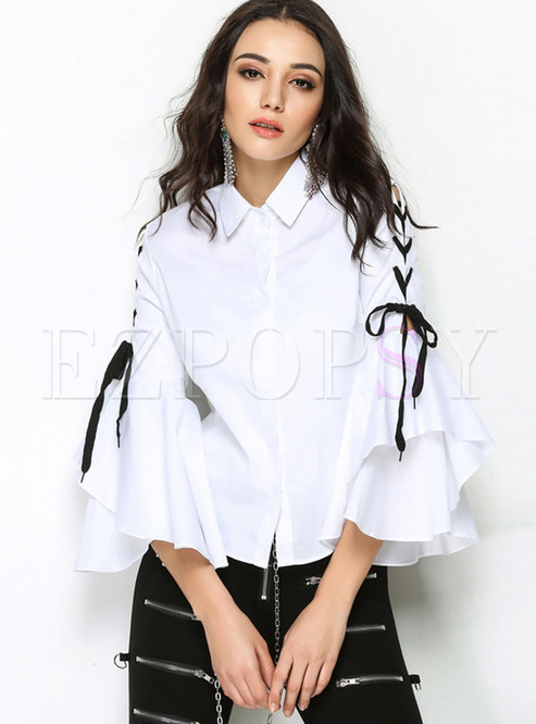 Lapel Flare Sleeve Hollow Out Tied Short Blouse
