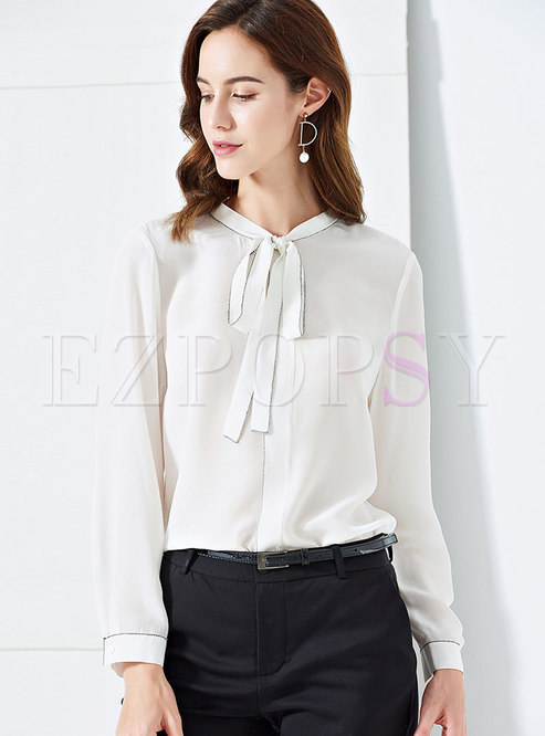 White Tie-collar Top Stitched Blouse