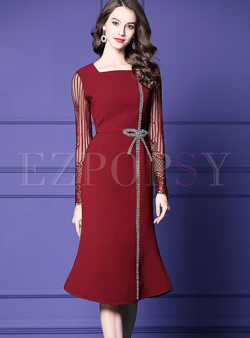 Red Square Neck Drilling Mermaid Dress With Bowknot 