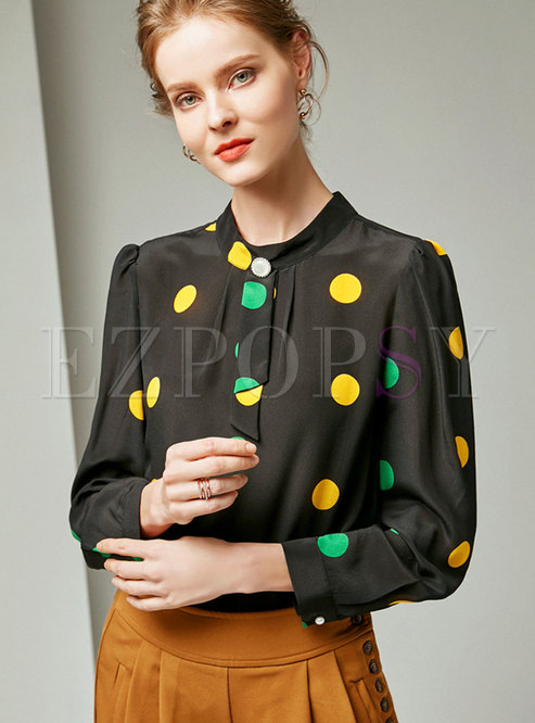 Elegant Black O-neck Dots Silk Cardigan Blouse