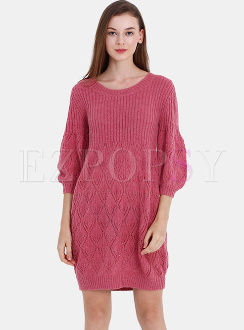 Pure Color Lantern Sleeve Hollow Out Knitted Dress