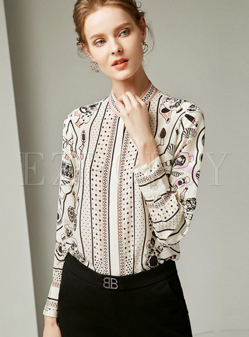 Fashion Crew-neck Long Sleeve Easy-matching Silk Blouse