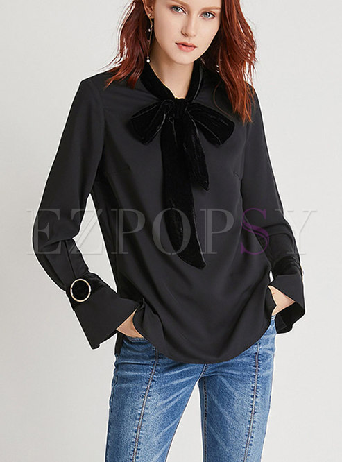 Tops | Blouses | Black Crew-neck Flare Sleeve Bowknot Blouse