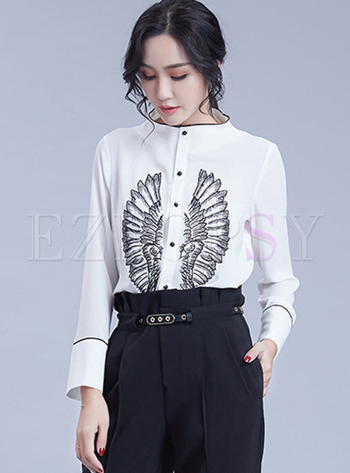 Standing Collar Single-breasted Print Blouse