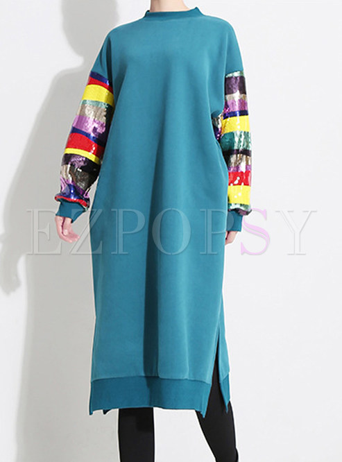 Fashion O-neck Sequined Color-blocked Slit Sweatshirt Dress