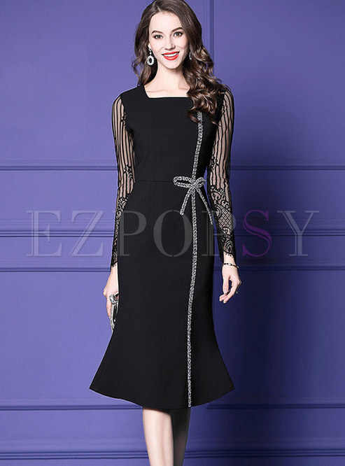 Black Square Neck Drilling Mermaid Dress With Bowknot 