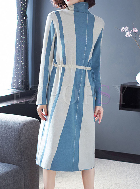 Casual Turtle Striped Belted Gathered Waist Dress